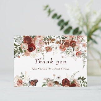 Burgundy Boho Gold Floral Waterverf Bedankkaart