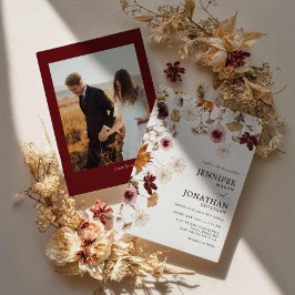 Burgundy Boho Herfst Floral Foto Weddenschap Kaart