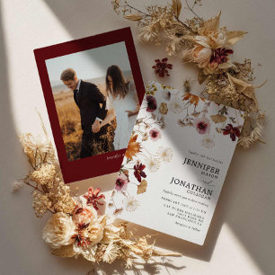 Burgundy Boho Herfst Floral Foto Weddenschap Kaart