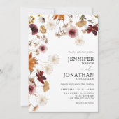 Burgundy Boho Herfst Floral Foto Weddenschap Kaart (Voorkant)