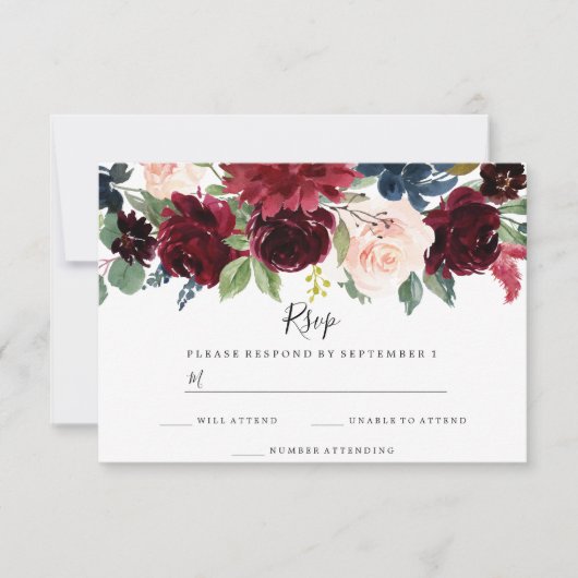 Burgundy Boho Watercolor Bloemen Bruiloft RSVP (Voorkant)