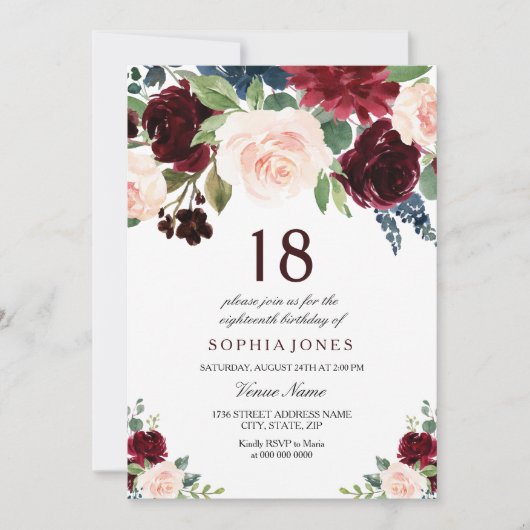 Burgundy Boho Waterverf Blush 18th Birthday Party Kaart (Voorkant)