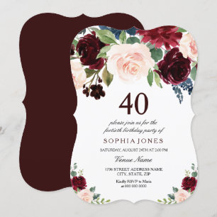 Burgundy Boho Waterverf Blush 40th Birthday Party Kaart