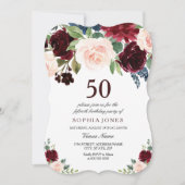 Burgundy Boho Waterverf Blush 50th Birthday Party Kaart (Voorkant)