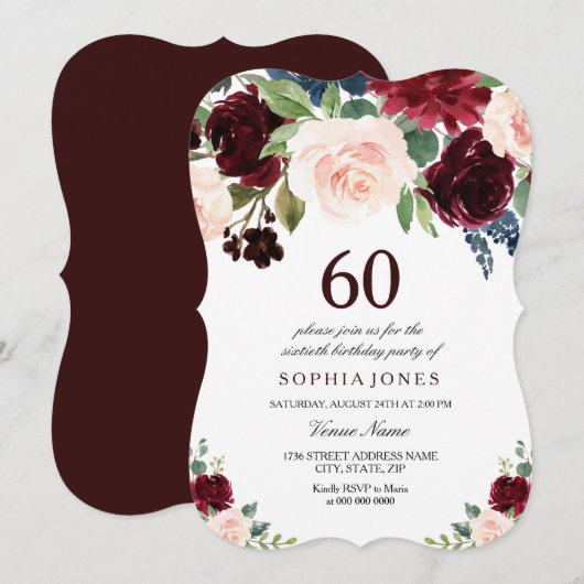 Burgundy Boho Waterverf Blush 60th Birthday Party Kaart (Voorkant / Achterkant)
