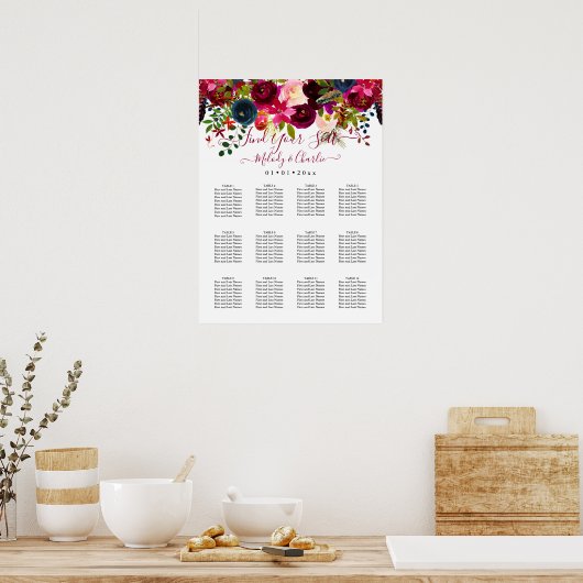 BURGUNDY BOHO WATERVERF FLOWERS SEINGESCHART POSTER (Keuken)
