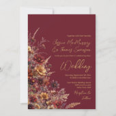 Burgundy Boho Wildflowers & Photo QR Code Wedding Kaart (Voorkant)