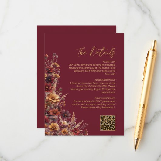 Burgundy Boho Wildflowers QR Code Wedding Details Informatiekaartje (Voorkant / Achterkant in situ)
