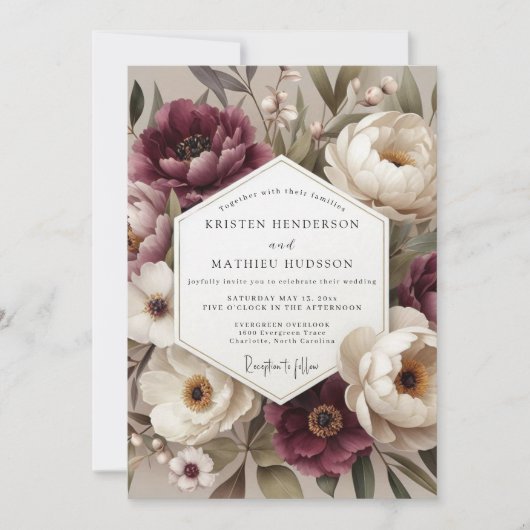 Burgundy Botanical Bloom Wedding Kaart (Voorkant)