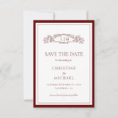 Burgundy botanical crest monogram wedding save the date (Voorkant)