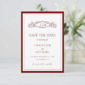 Burgundy botanical crest monogram wedding save the date (Staand voorkant)