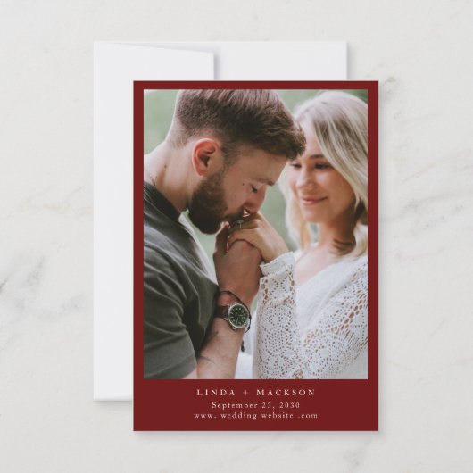 Burgundy botanical crest monogram wedding save the date (Achterkant)