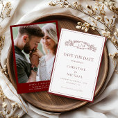 Burgundy botanical crest monogram wedding save the date