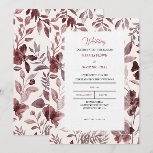 Burgundy Botanical Elegance Wedding Invitation Kaart (Voorkant / Achterkant)