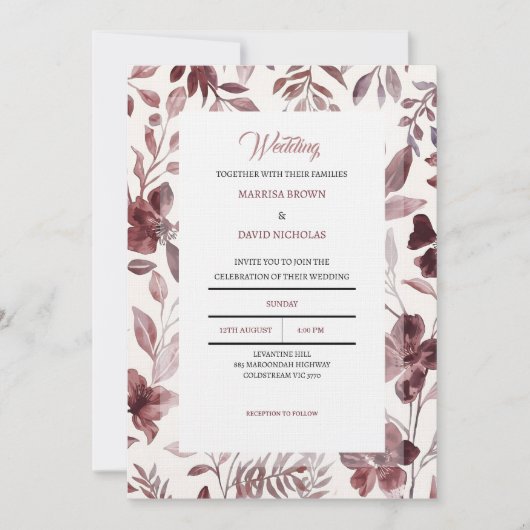 Burgundy Botanical Elegance Wedding Invitation Kaart (Voorkant)