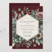 Burgundy Botanical Elegance Wedding Kaart (Voorkant / Achterkant)
