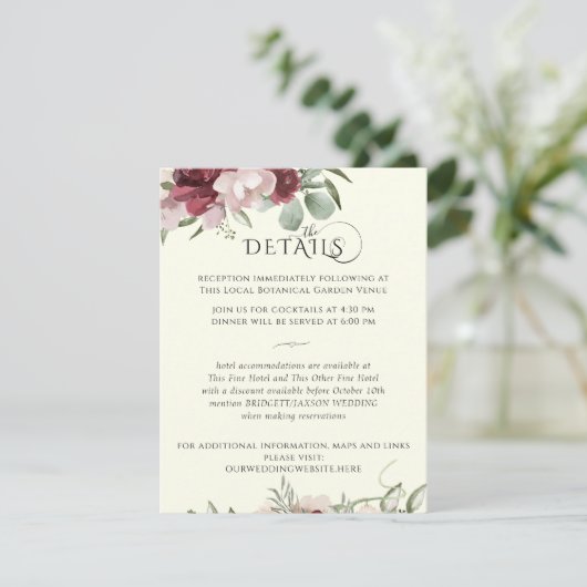 Burgundy Botanical Floral — Kaart met details (Staand voorkant)