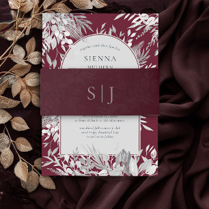 Burgundy Botanical Foliage Monogrammed Invitation Uitnodigingen Wikkel
