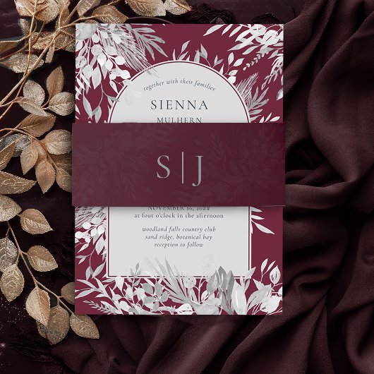Burgundy Botanical Foliage Monogrammed Invitation Uitnodigingen Wikkel