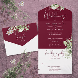 Burgundy Botanical Greenery Monogram Weddenschap All In One Uitnodiging