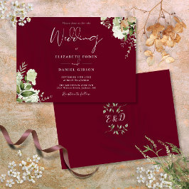 Burgundy Botanical Greenery Monogram Weddenschap Kaart