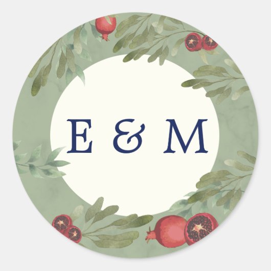 Burgundy Botanical Greenery Monogram Weddenschap Ronde Sticker (Voorkant)