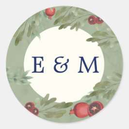 Burgundy Botanical Greenery Monogram Weddenschap Ronde Sticker