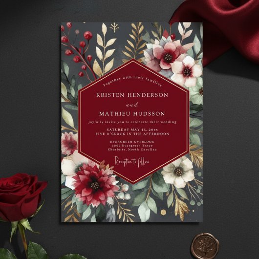 Burgundy Botanical Romantic Wedding Kaart