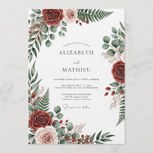 Burgundy Botanical Romantic Wedding Kaart (Voorkant)