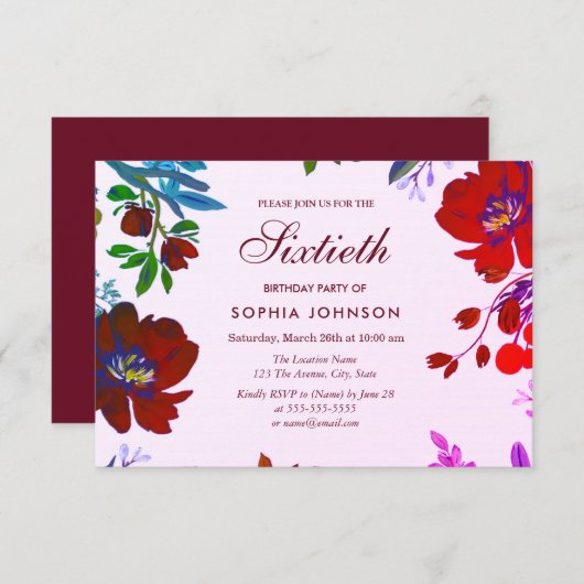 Burgundy Botanical Tropical 60th Birthday Invite Kaart (Voorkant / Achterkant)