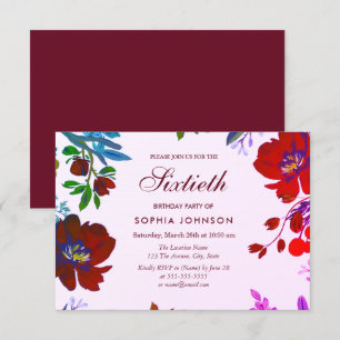 Burgundy Botanical Tropical 60th Birthday Invite Kaart