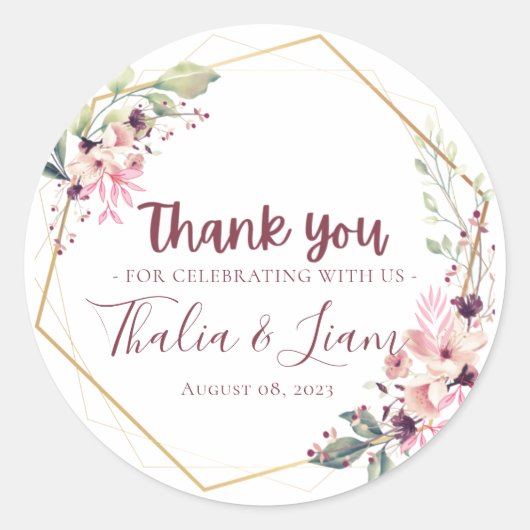Burgundy Botanical Wedding Favor Classic Round Ronde Sticker (Voorkant)