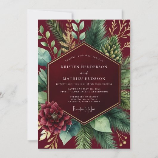 Burgundy Botanical Winter Wedding Kaart (Voorkant)