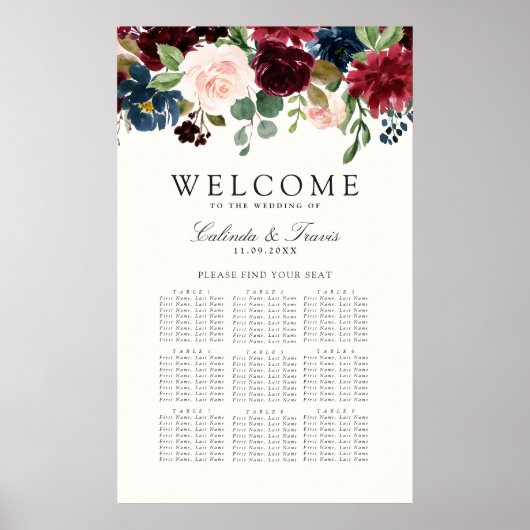 Burgundy Bouquet | Floral 9 Tabel Zitkuur Poster (Voorkant)