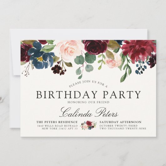 Burgundy Bouquet | Floral Birthday Party Kaart (Voorkant)