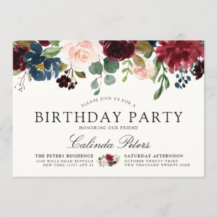Burgundy Bouquet   Floral Birthday Party Kaart