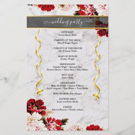 Burgundy Bouquet met Marmer Wedding Program (Achterkant)