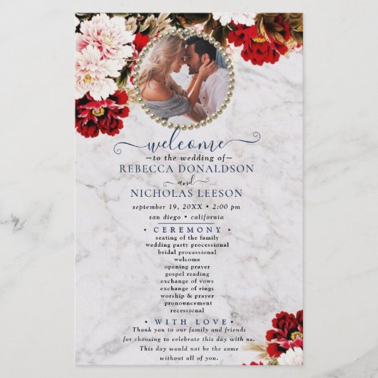 Burgundy Bouquet met Marmer Wedding Program (Voorkant)