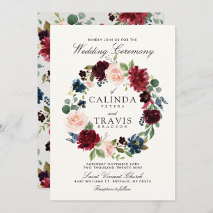 Burgundy Bouquet Wreath   Floral Wedding Kaart