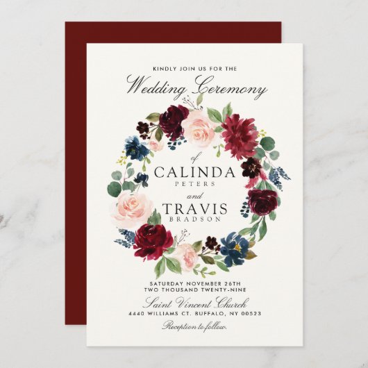 Burgundy Bouquet Wreath | Rood-rughuwelijk Kaart (Voorkant / Achterkant)