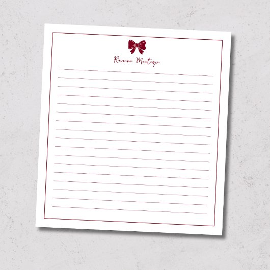 Burgundy Bow Border Custom Name Lined Notitieblok