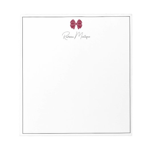 Burgundy Bow Border Script Custom Name Script Notitieblok (Voorkant)