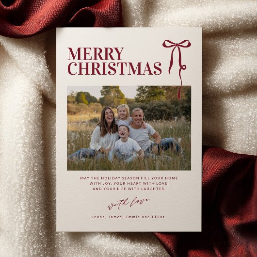 Burgundy Bow Christmas Card with Photo Kaart