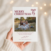 Burgundy Bow Christmas Card with Photo Kaart