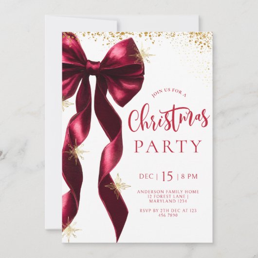 Burgundy Bow Christmas Party Invitation Kaart (Voorkant)