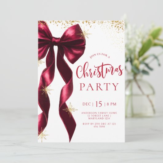 Burgundy Bow Christmas Party Invitation Kaart (Staand voorkant)