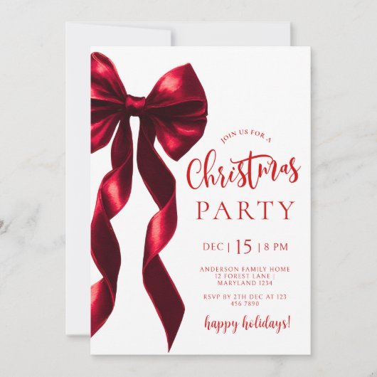 Burgundy Bow Christmas Party Invitation Kaart (Voorkant)