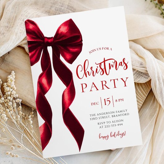 Burgundy Bow Christmas Party Invitation Kaart