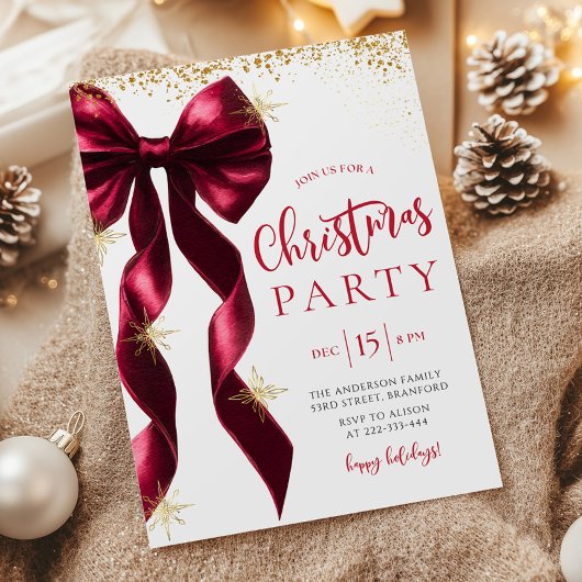 Burgundy Bow Christmas Party Invitation Kaart