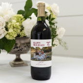 Burgundy Bow Happy Holidays Photo Wine Label Wijn Etiket